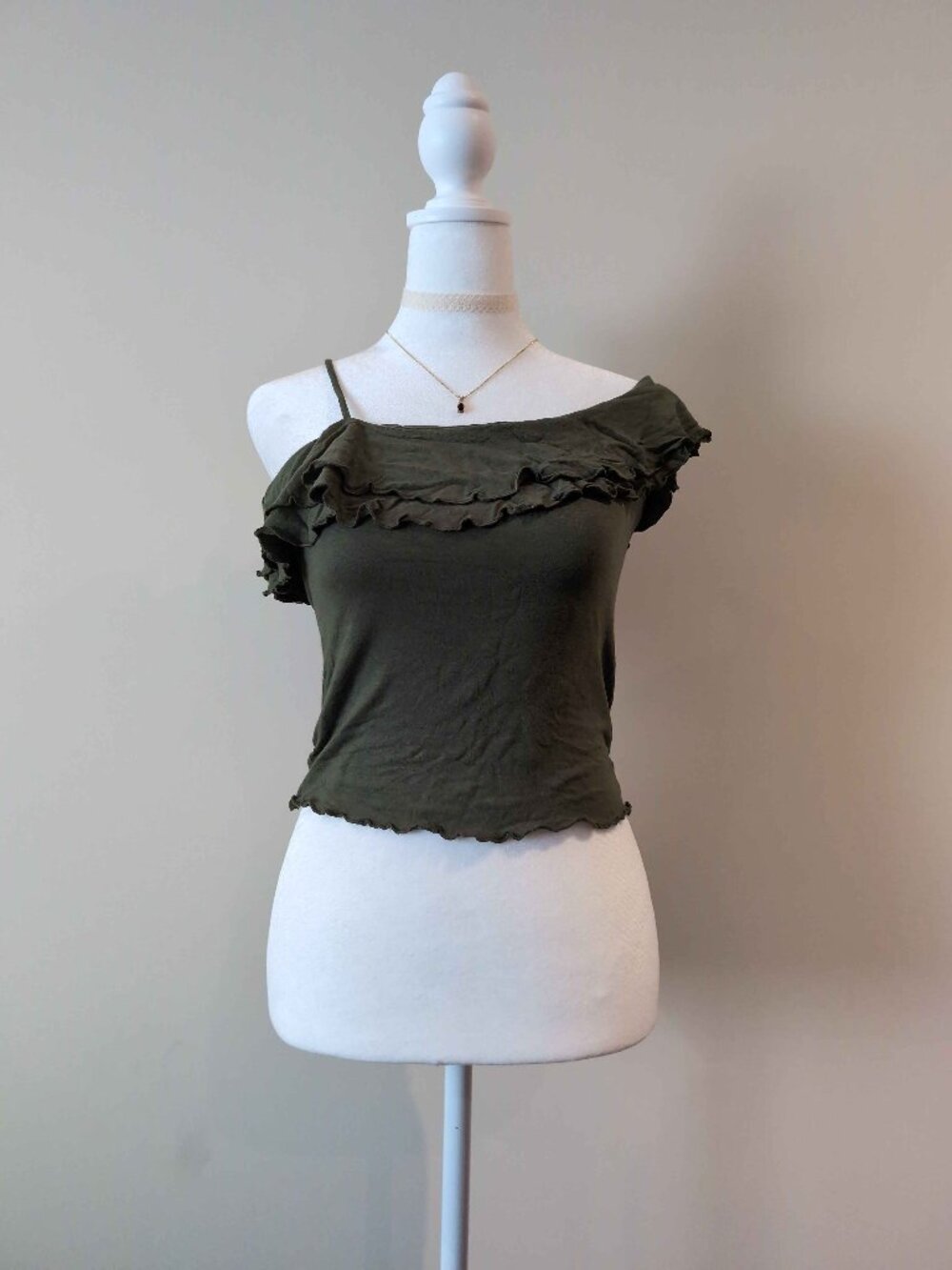 Y2K Olive Ruffle Off-Shoulder Top